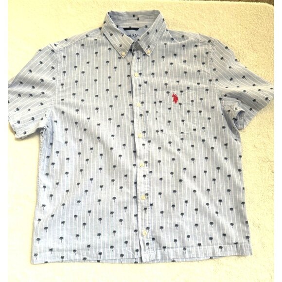 U.S. POLO ASSN. Mens Polo Shirt size Medium Blue with White stripes & Palm Trees - Picture 1 of 11